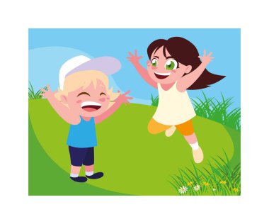 Çocuklar gülüyor ve dışarıda oynuyorlar.