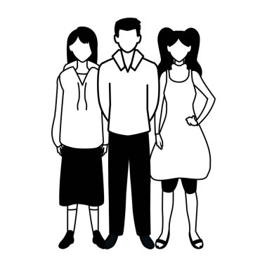 Beyaz arka planda farklı pozlar veren yüzü olmayan bir grup insan.