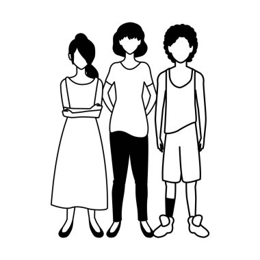 Beyaz arka planda farklı pozlar veren yüzü olmayan bir grup insan.