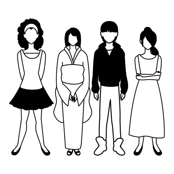 Grupo de personas sin rostro con diferentes poses sobre fondo blanco — Vector de stock
