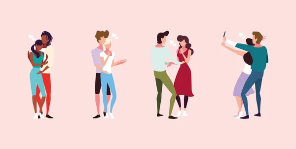 Conjunto de pareja enamorada, hombre y mujer abrazándose cariñosamente — Vector de stock