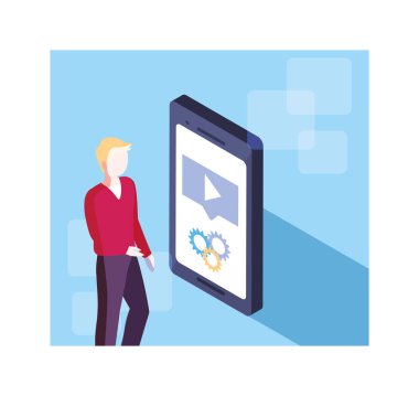 Akıllı telefon ekranı ve mobil uygulamaları olan adam