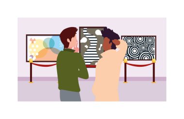 men in contemporary art gallery, exhibition visitors viewing modern abstract paintings