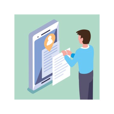 Akıllı telefon ekranı ve mobil uygulamaları olan adam