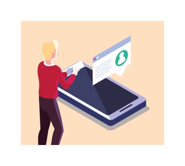 Akıllı telefon ekranı ve mobil uygulamaları olan adam