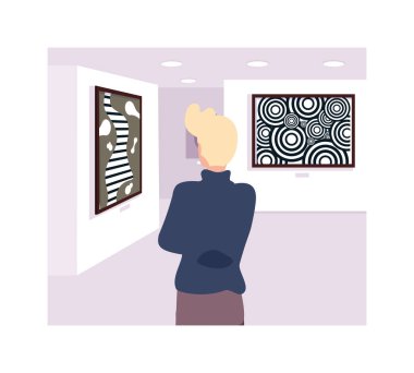 man in contemporary art gallery, exhibition visitors viewing modern abstract paintings clipart