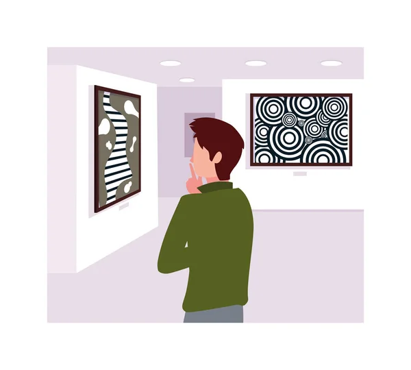 Hombre en la galería de arte contemporáneo, los visitantes de la exposición ver pinturas abstractas modernas — Vector de stock