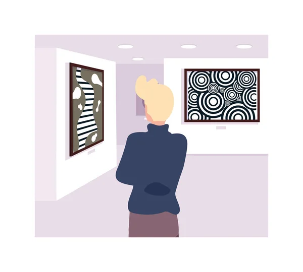 Homem na galeria de arte contemporânea, os visitantes da exposição vendo pinturas abstratas modernas — Vetor de Stock