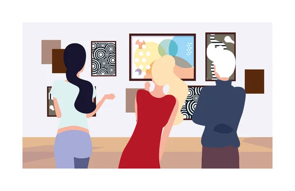 Groupe de personnes dans la galerie d'art contemporain, visiteurs de l'exposition visualisant des peintures abstraites modernes — Image vectorielle