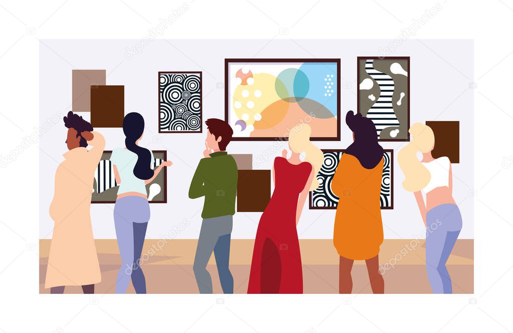 group of people in contemporary art gallery, exhibition visitors viewing modern abstract paintings
