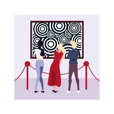 Modern sanat galerisindeki bir grup insan, modern soyut resimlere bakan ziyaretçiler.