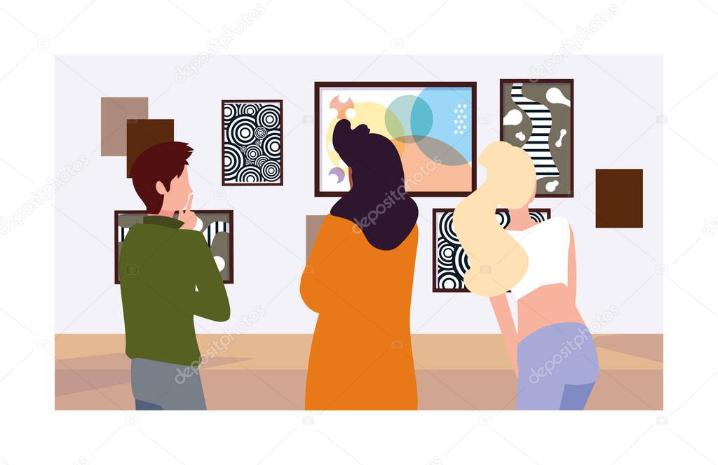 group of people in contemporary art gallery, exhibition visitors viewing modern abstract paintings