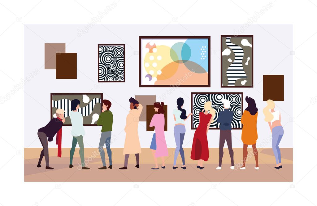 group of people in contemporary art gallery, exhibition visitors viewing modern abstract paintings