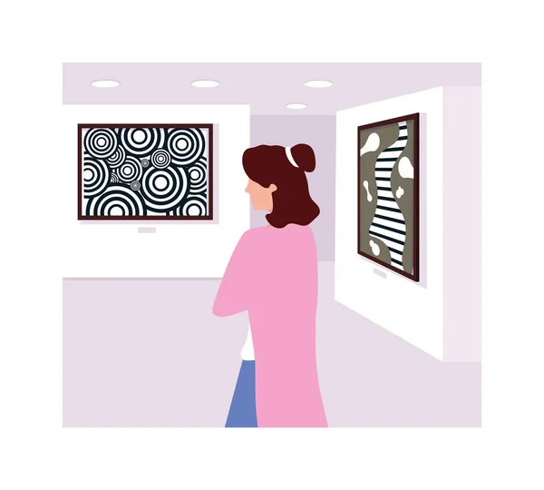 Vrouw in galerie voor hedendaagse kunst, tentoonstellingsbezoekers bekijken moderne abstracte schilderijen — Stockvector