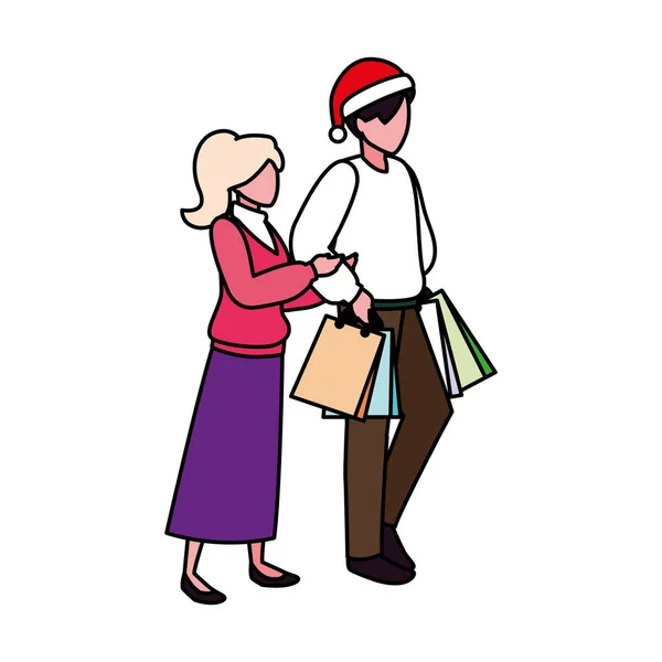 Casal de pessoas com saco de compras no fundo branco — Vetor de Stock