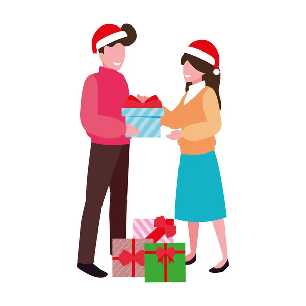 Couples with gift boxes on white background — ストックベクタ