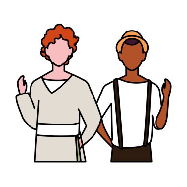 Beyaz arka planda farklı pozları olan yüzü olmayan erkekler.