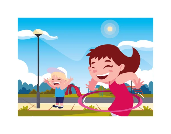 Niños sonriendo y jugando con hula hoop — Vector de stock