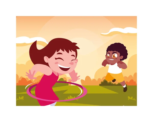 Niños sonriendo y jugando con hula hoop — Vector de stock