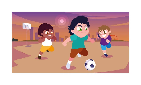 かわいい男の子が屋外でサッカーをする — ストックベクタ