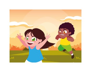 Çocuklar gülüyor ve dışarıda oynuyorlar.