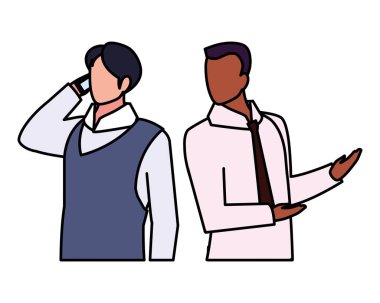 Çeşitli bakış açıları ve pozları olan sevimli iş adamları.