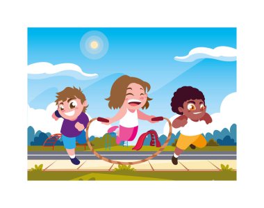 Çocuklar gülümsüyor ve ip atlamakla oynuyor.