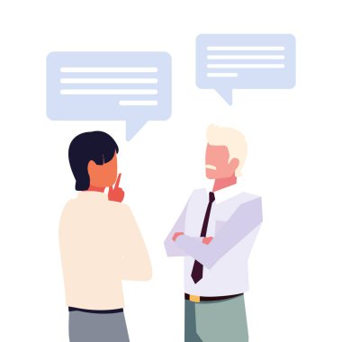 Beyaz arka planda konuşma balonu olan iş adamları