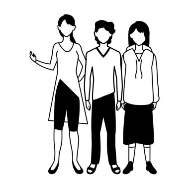 Beyaz arka planda farklı pozlar veren yüzü olmayan bir grup insan.