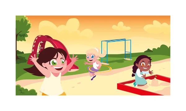 Adegan anak-anak tersenyum dan bermain di taman - Stok Vektor