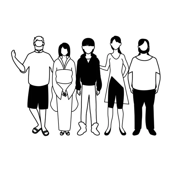 Grupo de personas sin rostro con diferentes poses sobre fondo blanco — Archivo Imágenes Vectoriales