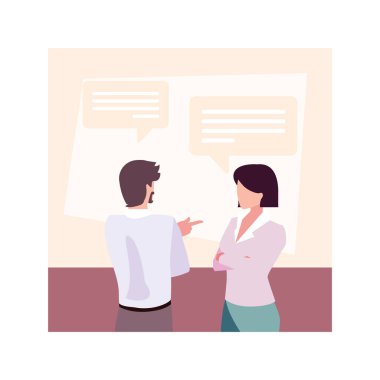 İş yerinde konuşma baloncuğu olan bir çift.