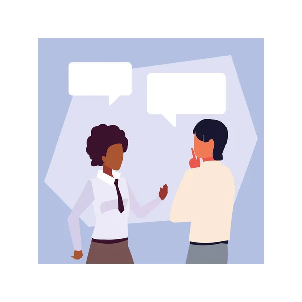 Business couple in the work office with speech bubble — Stock Vector