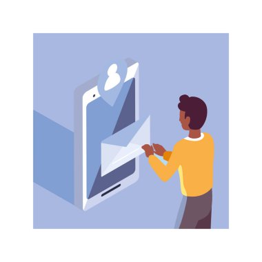 Akıllı telefon ekranı ve mobil uygulamaları olan adam