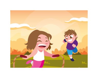 Çocuklar gülümsüyor ve ip atlamakla oynuyor.