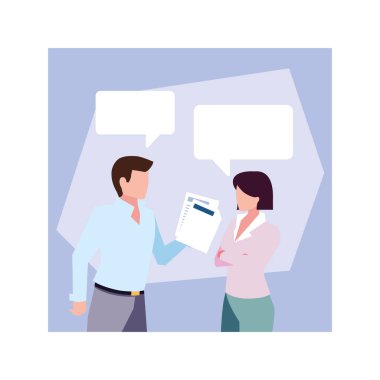 İş yerinde konuşma baloncuğu olan bir çift.