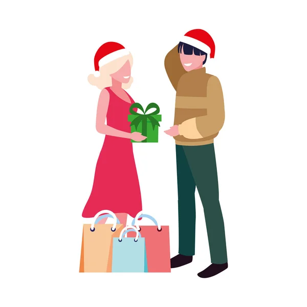 Couples with gift boxes on white background — ストックベクタ