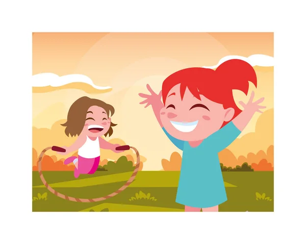 Niñas sonriendo y jugando con saltar la cuerda — Vector de stock