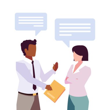 Beyaz arka planda konuşma balonu olan iş çifti