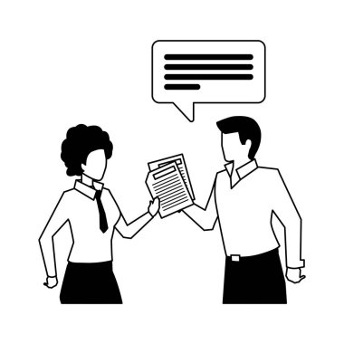 Beyaz arka planda konuşma balonu olan iş çifti