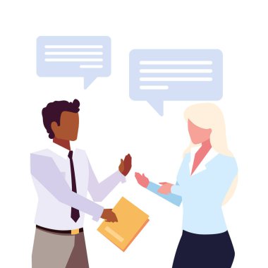 Beyaz arka planda konuşma balonu olan iş çifti