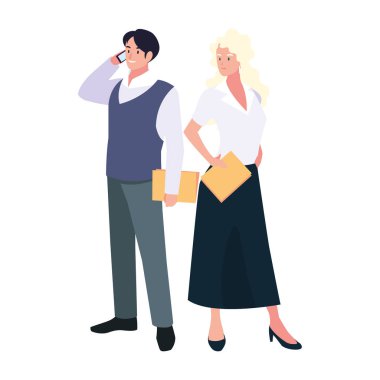 Beyaz arka planda duran iş çifti