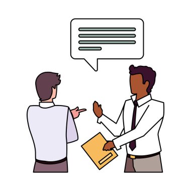 Beyaz arka planda konuşma balonu olan iş adamları