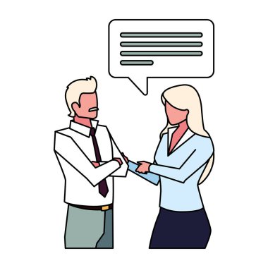 Beyaz arka planda konuşma balonu olan iş çifti