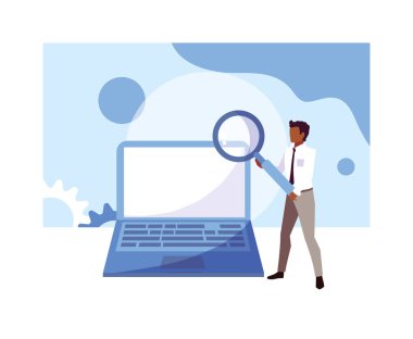 Dizüstü bilgisayarı ve büyüteçle iş adamı, pazarlama araştırması