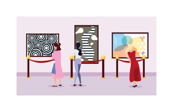 Mujeres en la galería de arte contemporáneo, visitantes de la exposición que ven pinturas abstractas modernas — Vector de stock