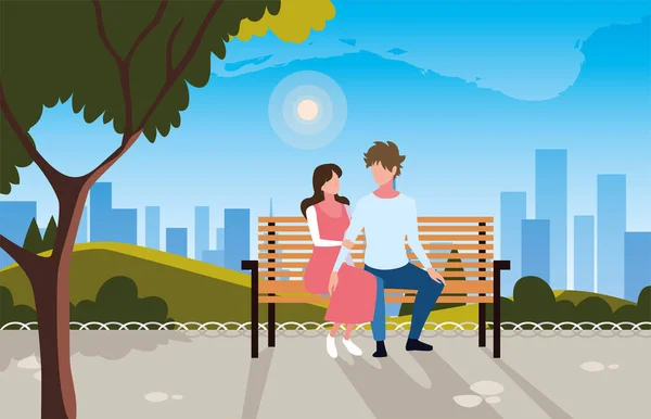 Casal de pessoas apaixonadas sentadas na cadeira do parque — Vetor de Stock