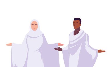 Beyaz arka planda birkaç kişi hacca gidiyor.