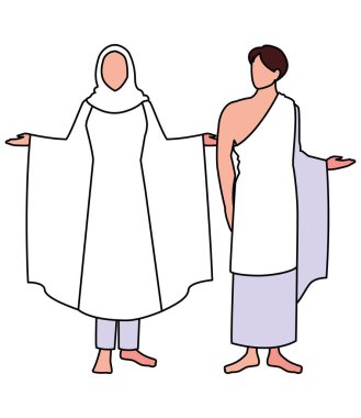 Beyaz arka planda birkaç kişi hacca gidiyor.