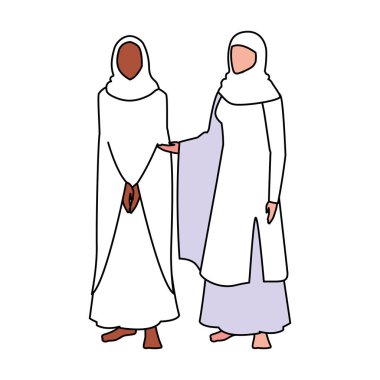 Beyaz arka planda duran hacı kadınlar.